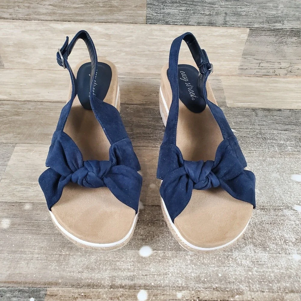 Easy Street Womens Dot Wedge Sandal Sz 9.5 N Navy Blue Suede Slingback‎